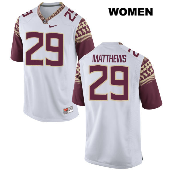 Women's NCAA Nike Florida State Seminoles #29 D.J. Matthews College White Stitched Authentic Football Jersey ZGI2469FP